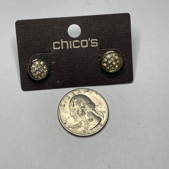 Chico's button earrings gold tone in silver tone setting post pierced classic - Picture 2 of 9